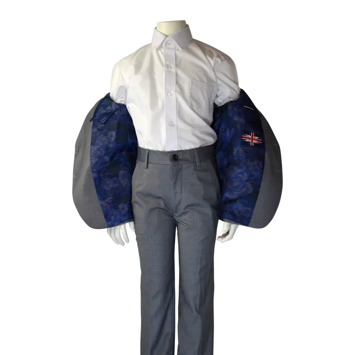 Soul of London 2-piece silver kids suit displayed on mannequin with jacket open, showing blue lining.