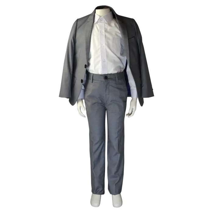 Soul of London 2-piece silver kids suit with jacket and dress pants on mannequin