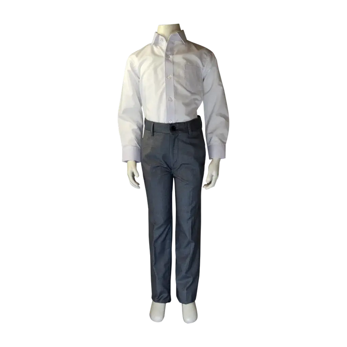 Soul of London 2-piece silver kids suit displayed on a mannequin with dress shirt and pants.
