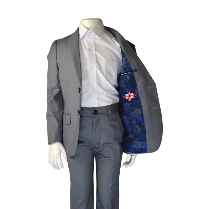 Soul of London 2-pc silver kids suit displayed on mannequin with open blazer showing inner lining.