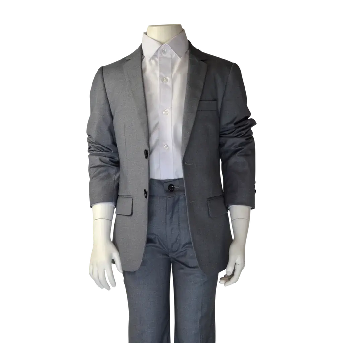 Soul of London 2 pc silver kids suit displayed on a mannequin with a white shirt.