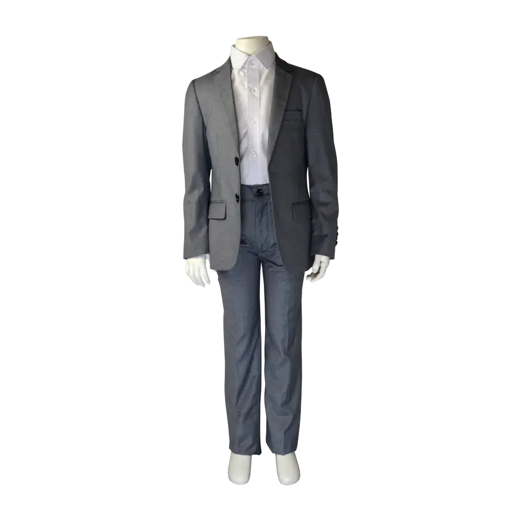 Soul of London 2-piece silver kids suit displayed on a mannequin with a white dress shirt.