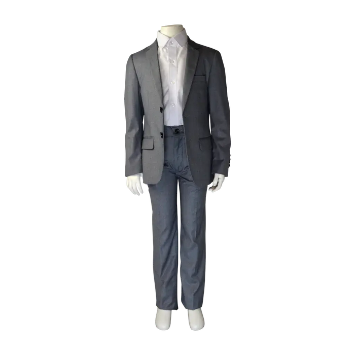 Soul of London 2-piece silver kids suit displayed on a mannequin with a white dress shirt.