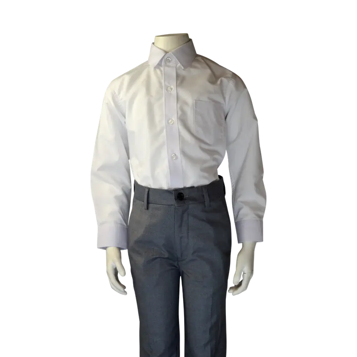 Soul of London 2-piece silver kids suit displayed on mannequin with white shirt and grey pants.