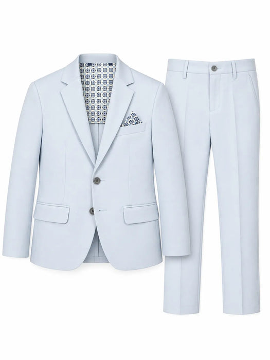 Soul of London boys powder blue suit jacket and pants set displayed on white background.