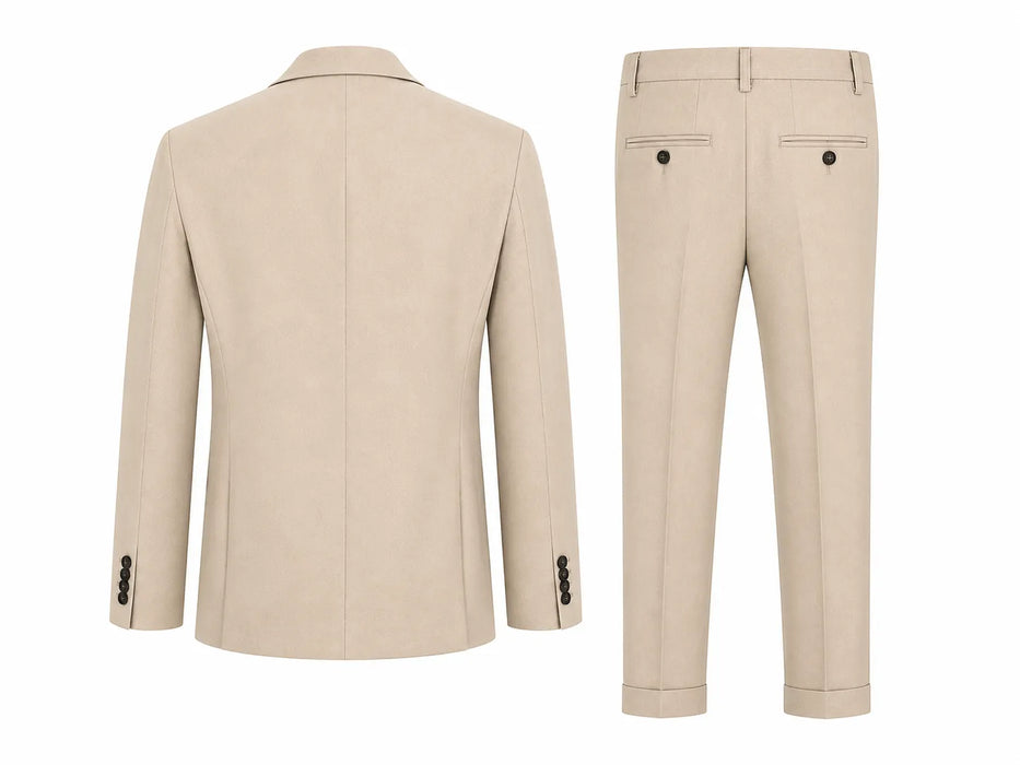 Soul of London boys sand suit jacket and pants shown from the back on a white background.