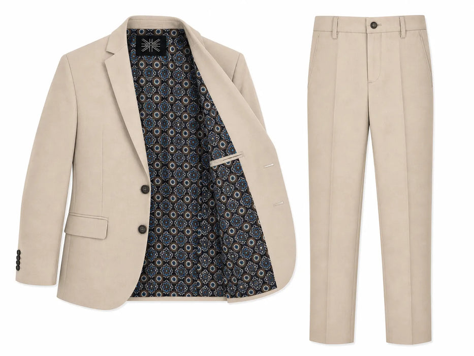 Soul of London boys sand suit with patterned lining, shown laid flat with jacket and matching pants.