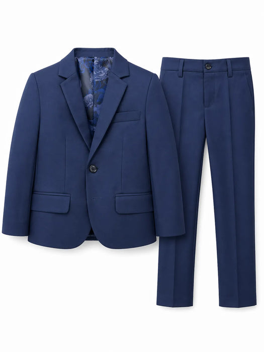 Soul of London dark blue boys suit displayed flat with blazer and matching dress pants.