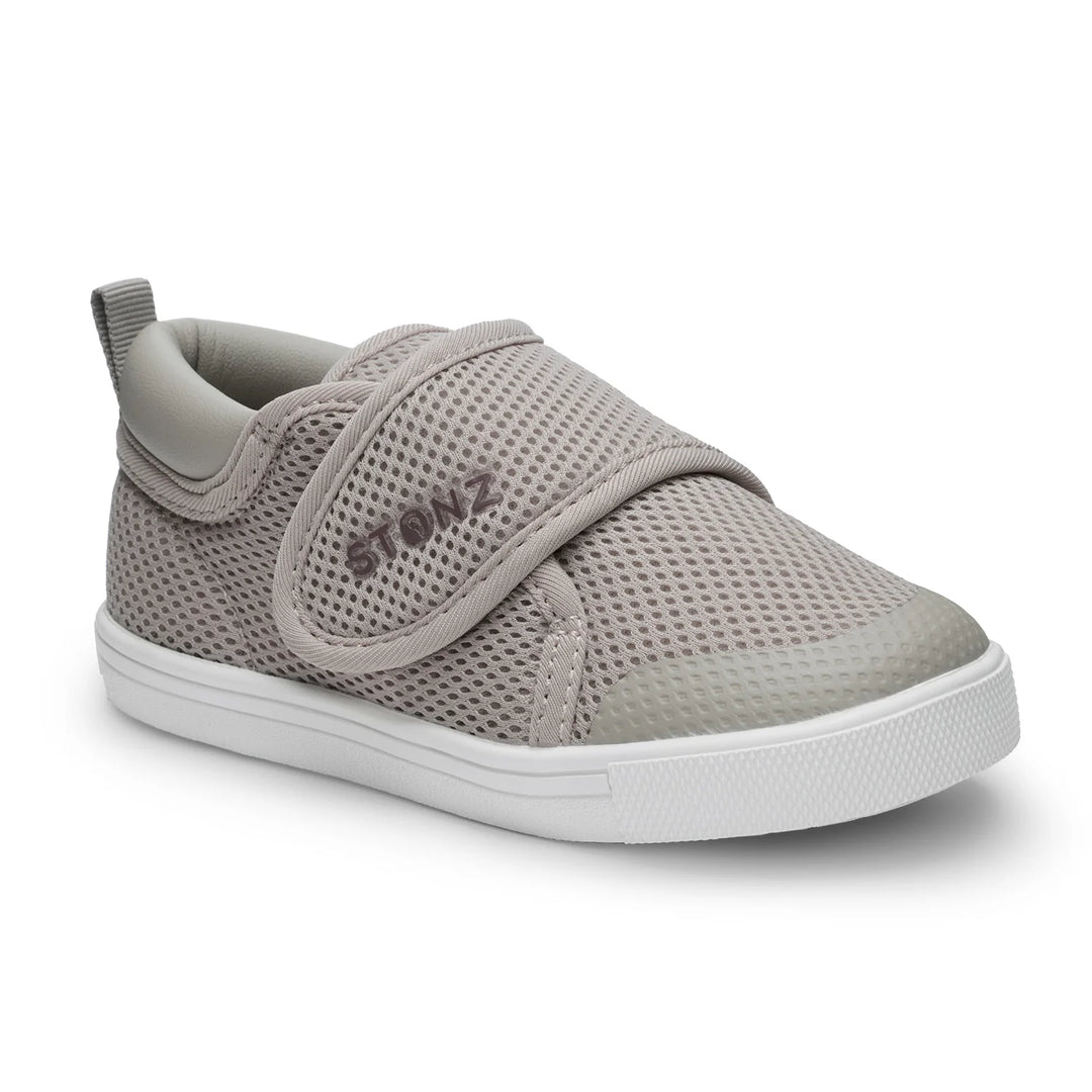 Stonz Cruiser Original Plus toddler shoe in taupe, mesh upper with velcro strap, side view on white background.