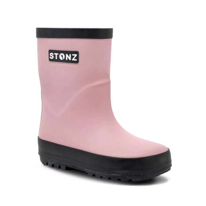 Stonz pink rain boot with black sole and trim shown on a white background.