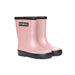Stonz haze pink rain boots with black soles and trim, shown standing side by side on a white background.