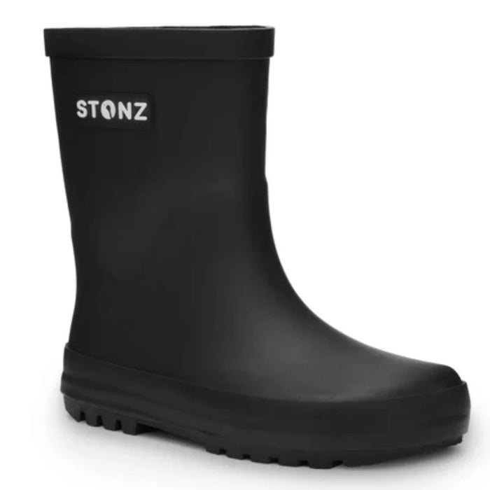 Stonz waterproof black rain boot for toddlers and kids shown on a white background.