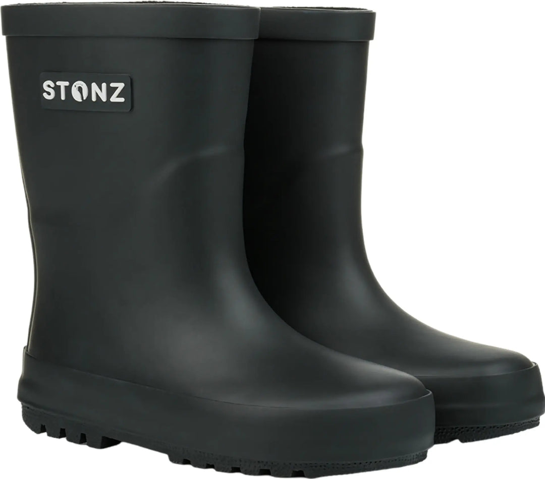 Stonz waterproof black rain boots for toddlers shown in a side-by-side product display.