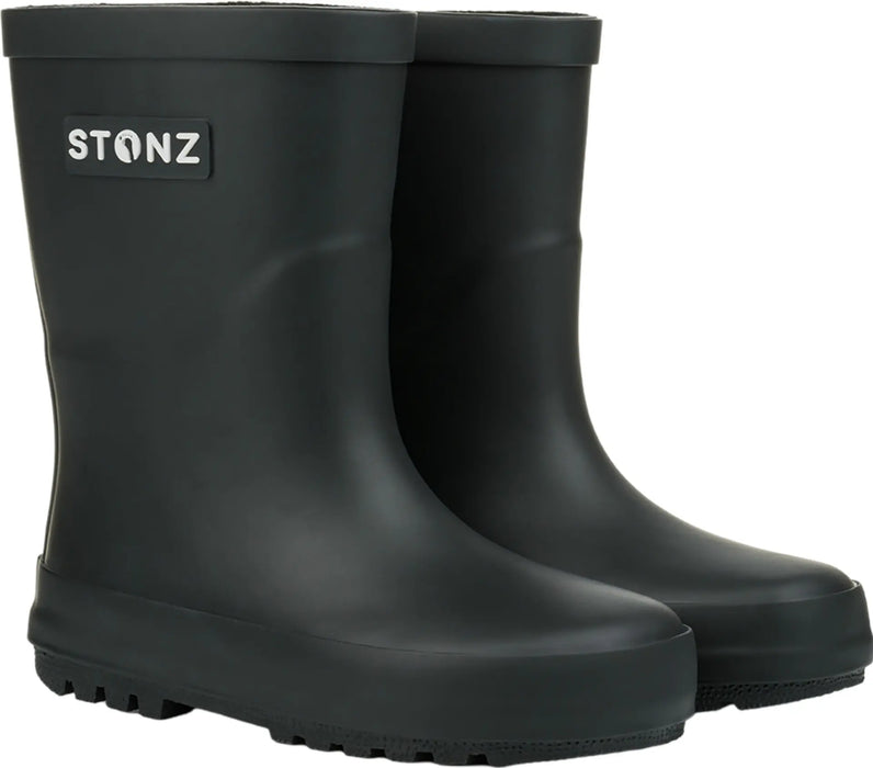 Stonz waterproof black rain boots for toddlers shown in a side-by-side product display.