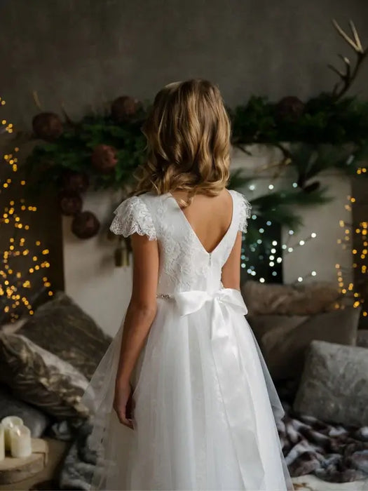 Teter Warm® Brynlee Off-White Lace Communion Dress with Peek-A-Boo Tulle Skirt SK43