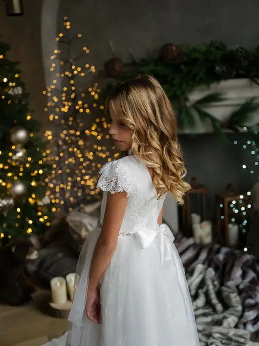 Teter Warm® Brynlee Off-White Lace Communion Dress with Peek-A-Boo Tulle Skirt SK43