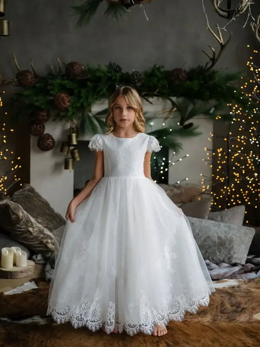 Teter Warm® Brynlee Off-White Lace Communion Dress with Peek-A-Boo Tulle Skirt SK43