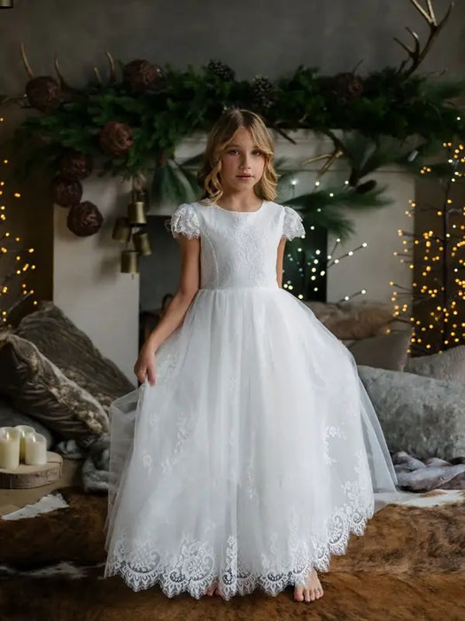 Teter Warm® Brynlee Off-White Lace Communion Dress with Peek-A-Boo Tulle Skirt SK43