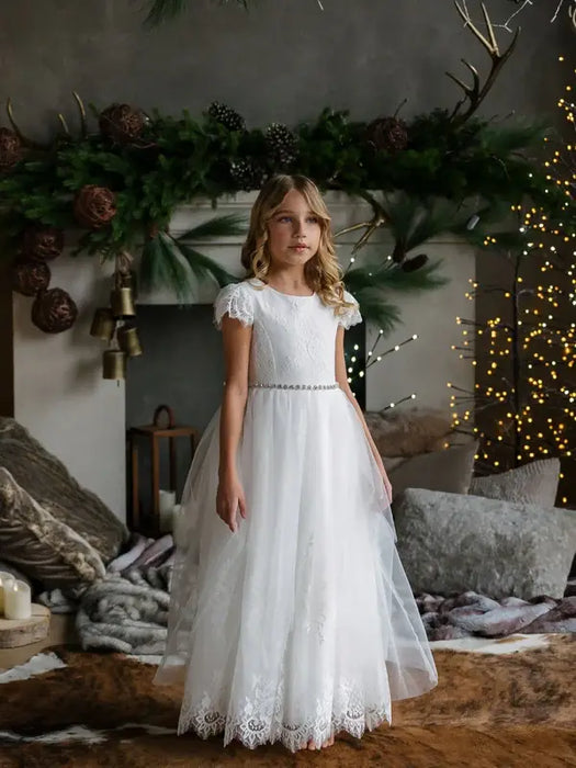 Teter Warm® Brynlee Off-White Lace Communion Dress with Peek-A-Boo Tulle Skirt SK43