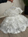 Teter Warm Carlita 3D floral lace baptism dress displayed on a hanger over a wooden floor.