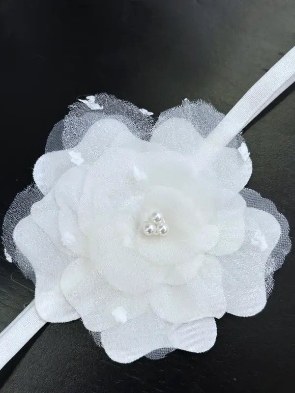 Teter Warm elegant white headband with layered flower and pearl accents on a dark background.