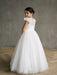Teter Warm Gisele lace cap sleeve communion dress worn by a girl standing on a wooden floor