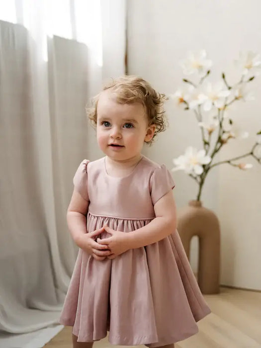 Harper Pink Baby Party Dress shown on a toddler standing indoors near a vase with flowers.