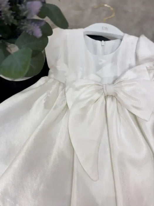 Teter Warm® Izzy Off-White Party Dress with Puff Cap Sleeves and Bow C63