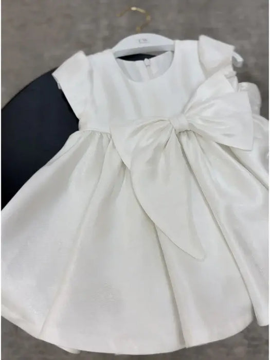 Teter Warm® Izzy Off-White Party Dress with Puff Cap Sleeves and Bow C63