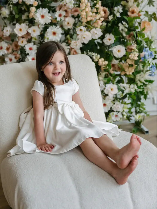 Teter Warm® Izzy Off-White Party Dress with Puff Cap Sleeves and Bow C63