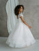 Teter Warm Lenni off-white communion dress with lace sleeves worn by a girl in a studio setting.