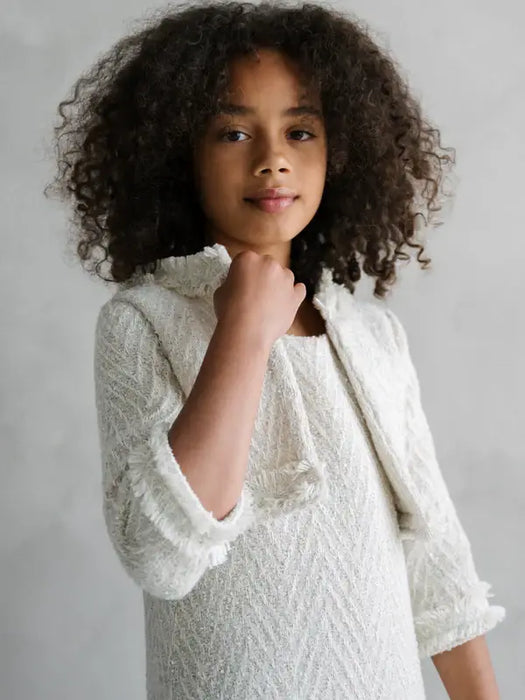 Teter Warm Sakura Girls Tweed Cropped Jacket shown on a girl against a light background.