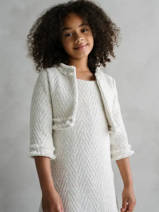 Teter Warm Sakura Girls Tweed Cropped Jacket worn by a girl standing against a plain background.