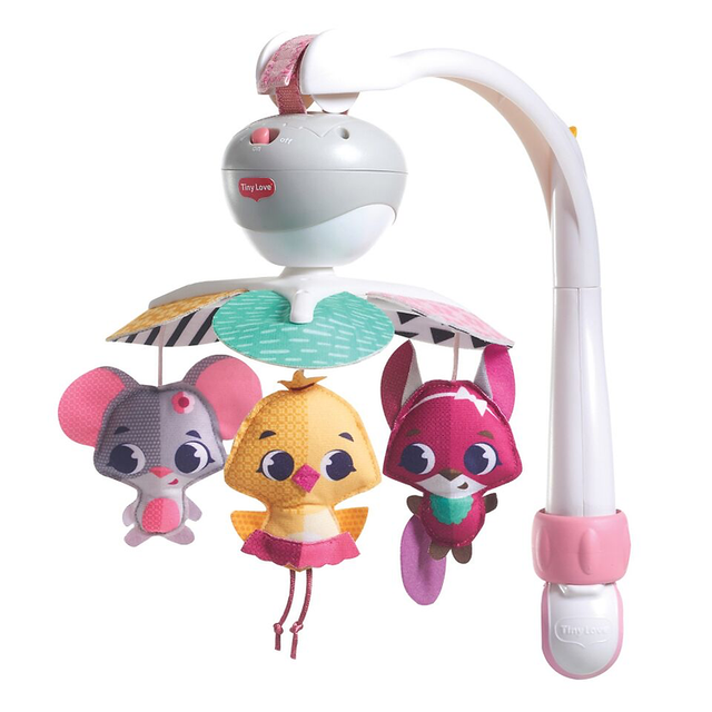 Portable baby crib mobile with colorful animal plush toys and white plastic arm