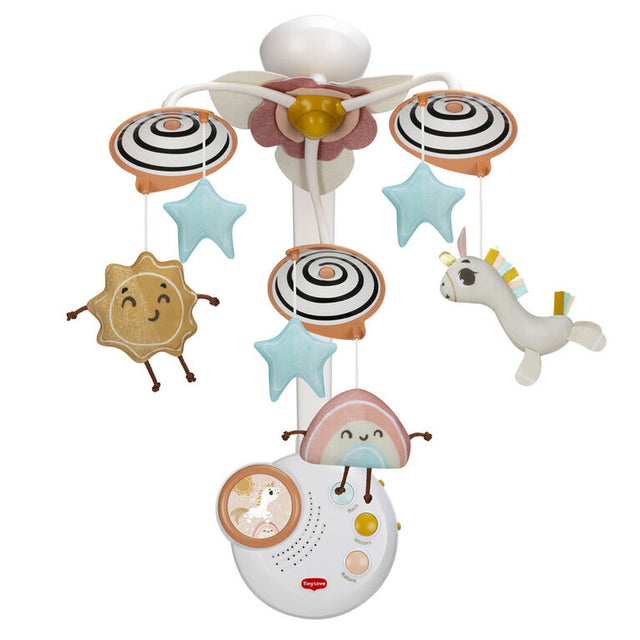 Baby crib mobile with unicorn, star, sun, and swirl toys, soothing music box attached