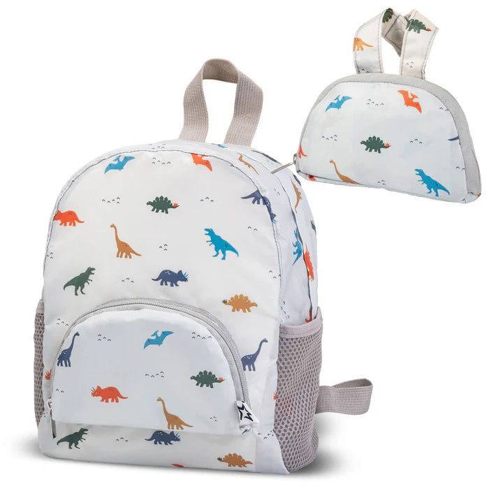 Tiny Twinkle fold-up mini toddler backpack with colorful dinosaur print, shown folded and open.