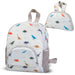 Tiny Twinkle fold-up mini toddler backpack with colorful dinosaur print, shown folded and open.