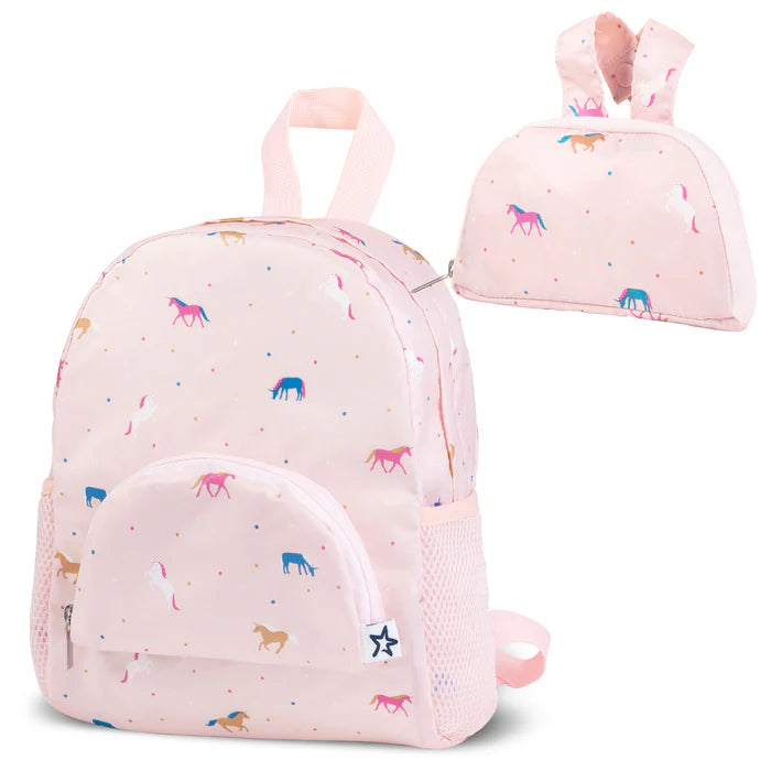 Tiny Twinkle fold-up mini toddler backpack with pastel animal print shown open and folded.