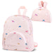 Tiny Twinkle fold-up mini toddler backpack with pastel animal print shown open and folded.