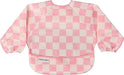 Tiny Twinkle Water Mess Proof Bib with sleeves in pink and white checkered pattern, laid flat.