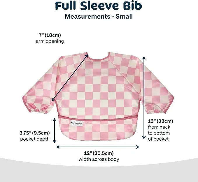 Tiny Twinkle Water Mess Proof Bib in pink checkered pattern, shown flat with size measurements labeled.