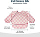 Tiny Twinkle Water Mess Proof Bib in pink checkered pattern, shown flat with size measurements labeled.
