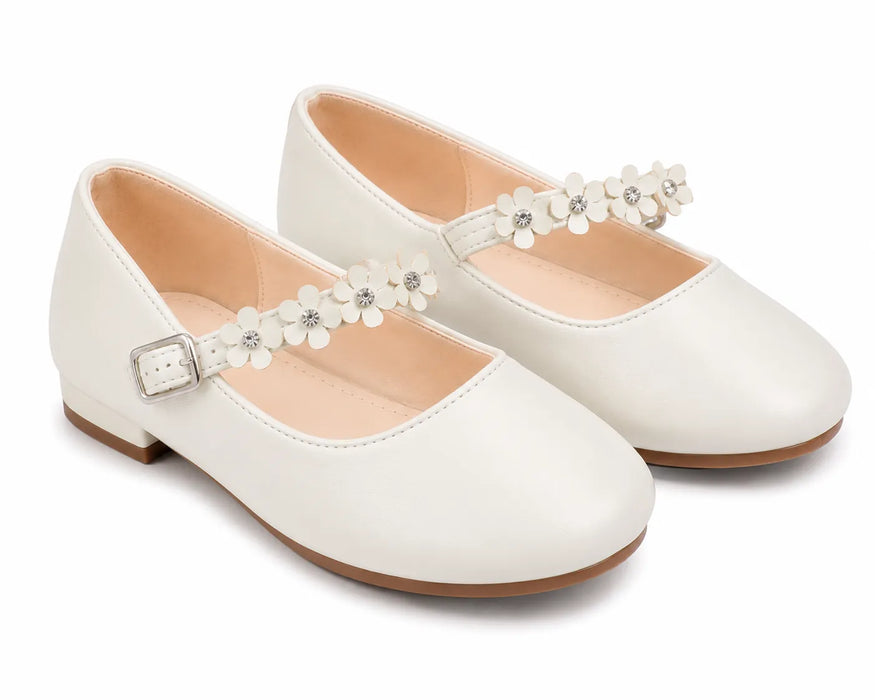 TipTop USA® Girls Pearl White Floral Strap Dress Shoes – Style TTS186 | Baby & Kids Sizes 11–10T