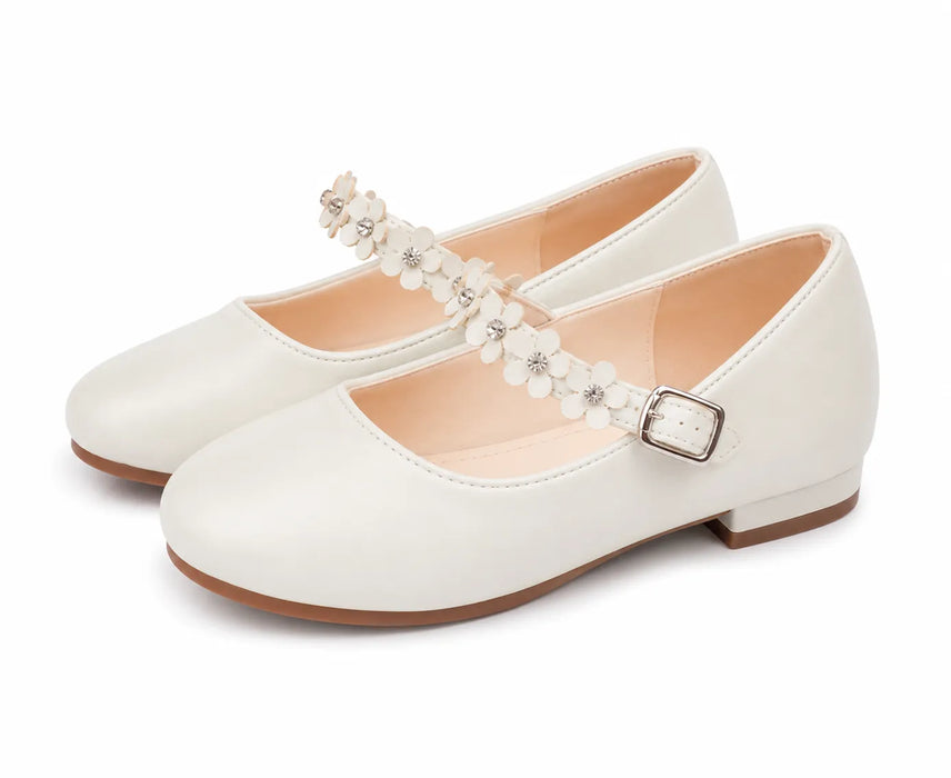 TipTop USA® Girls Pearl White Floral Strap Dress Shoes – Style TTS186 | Baby & Kids Sizes 11–10T