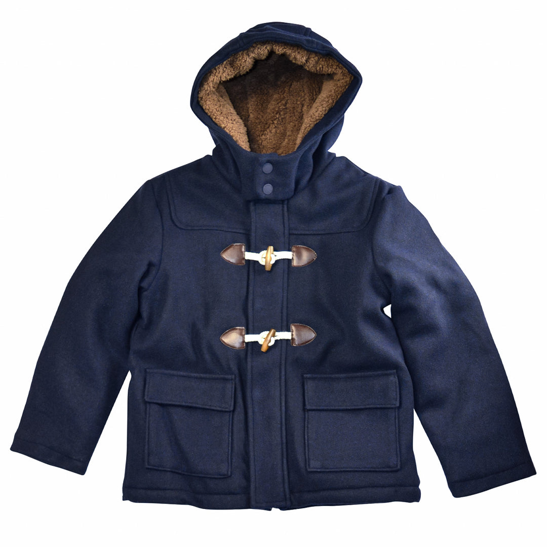 Toddler navy duffle coat with hood, toggle buttons, and front pockets