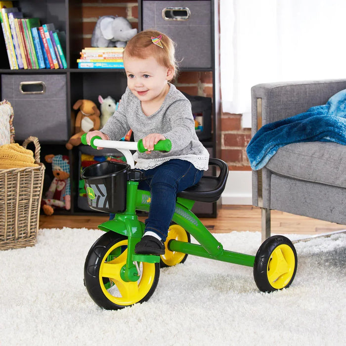 Tomy® - John Deere Steel Tricycle with Basket – Durable Ride-On Toy for Kids