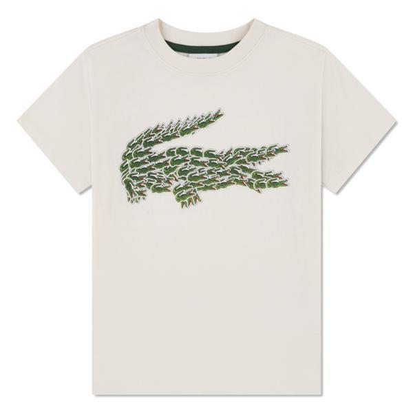 Kids' beige t-shirt with large green crocodile graphic on the chest, displayed flat.