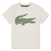 Kids' beige t-shirt with large green crocodile graphic on the chest, displayed flat.