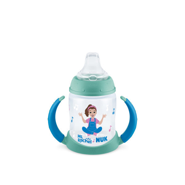 NUK Ms. Rachel sippy cup with teal handles, featuring cartoon design and musical notes on white background.
