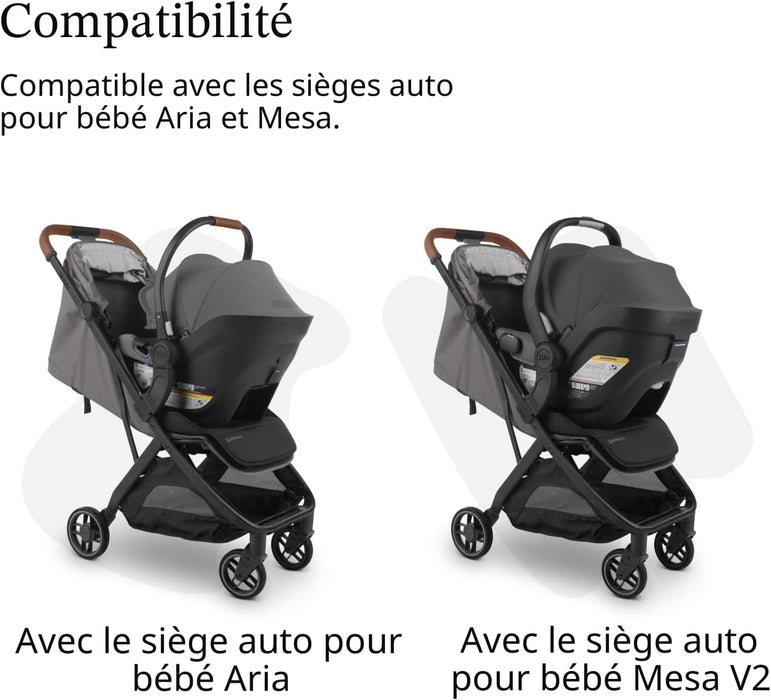 UPPAbaby MINU V3 adapter attached to stroller with Mesa and Aria infant car seats indoors.